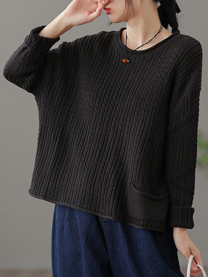 xakxx Artistic Retro Loose Long Sleeves Jacquard Solid Color Round-Neck Sweater Tops