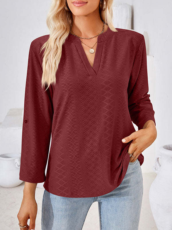 xakxx Loose Three-Quarter Sleeves Jacquard Solid Color V-Neck T-Shirts