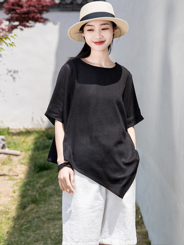 xakxx Artistic Retro Loose Linen Asymmetric T-Shirt Top