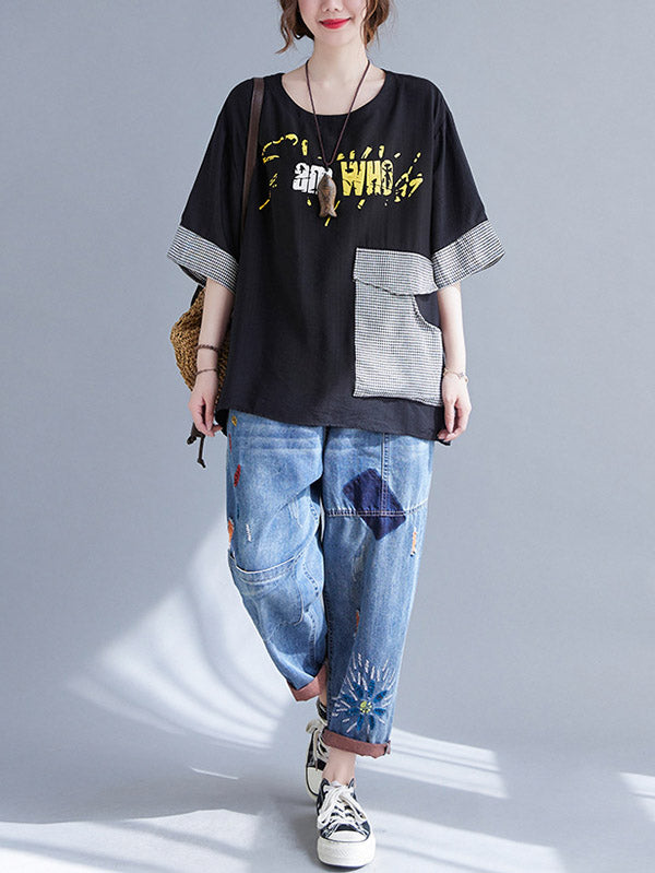 xakxx Original Letter Print Split-Joint Round-Neck T-Shirts Tops