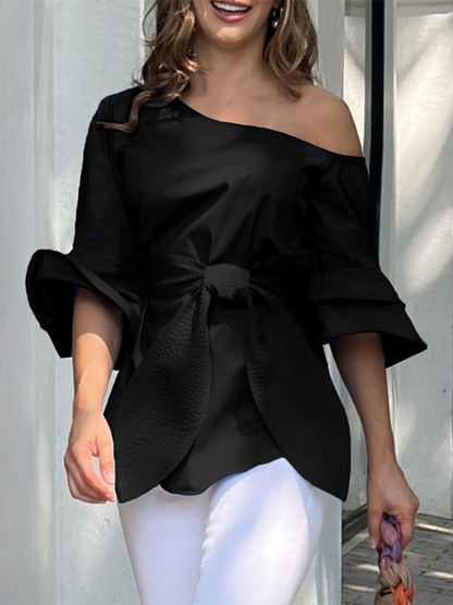 xakxx Flared Sleeves Asymmetric Knot Solid Color One-shoulder Blouses&shirts Tops