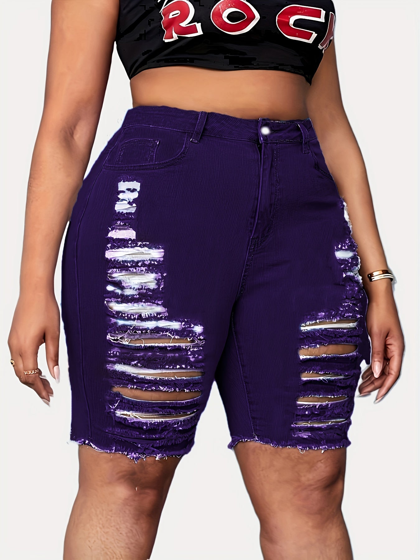 Plus Size Womens Knee-Length Bermuda Shorts – Stretch Comfort, Chic Ripped Detail, Ideal for Casual Summer Days