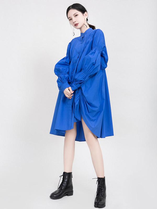 xakxx Blue Loose Pleated Cropped Blouse Dress