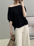 xakxx Half Sleeves Loose Solid Color Off-The-Shoulder Knitwear Pullovers Sweater Tops