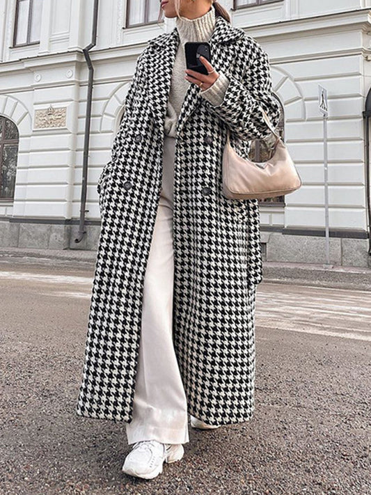 xakxx Long Sleeves Loose Houndstooth Split-Back Split-Joint Tied Waist Lapel Trench Coats