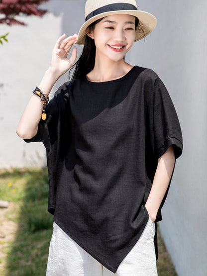 xakxx Artistic Retro Loose Linen Asymmetric T-Shirt Top