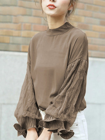 xakxx Simple Solid Color Puff Sleeve Mesh Splicing Chiffon Shirt