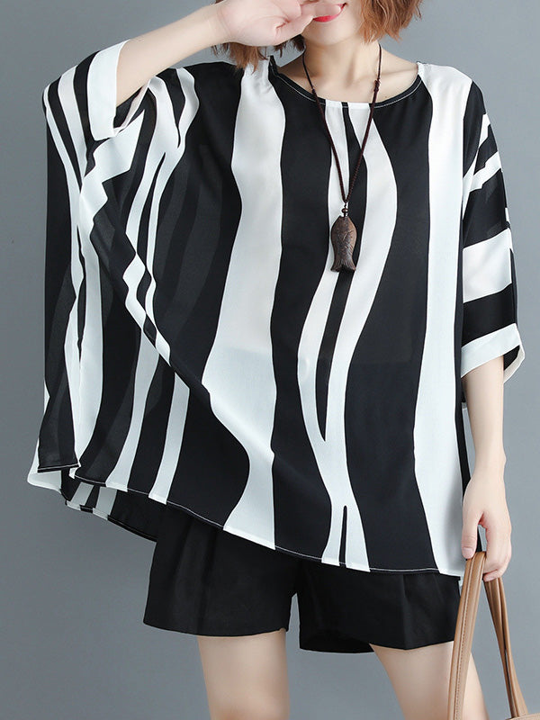 xakxx Original Chiffon Batwing Sleeves Striped Shirts Tops