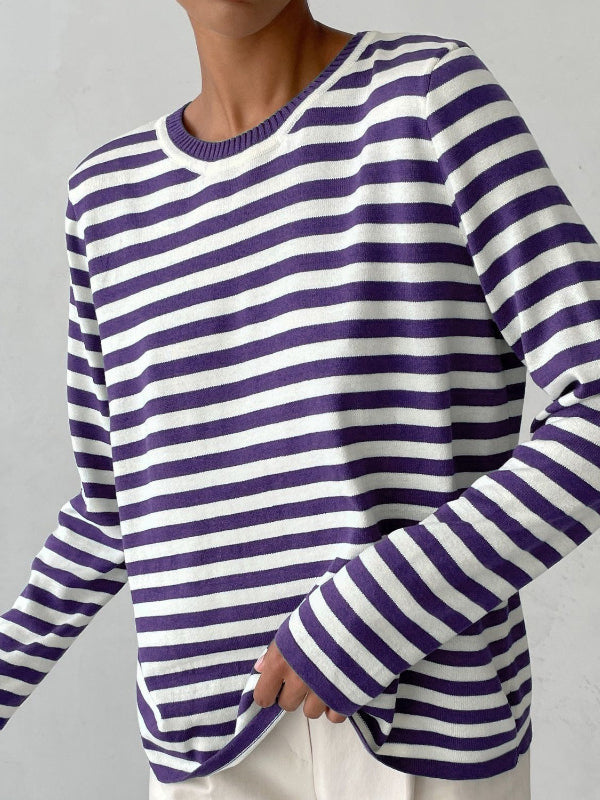 xakxx Long Sleeves Loose Split-Joint Striped Round-Neck Sweater Tops