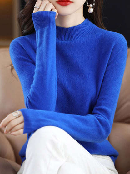 xakxx Office Long Sleeves Solid Color High-Neck Sweater Tops Pullovers