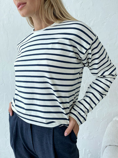 xakxx Long Sleeves Loose Striped Round-Neck T-Shirts Tops