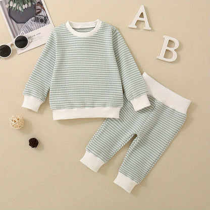 2-Piece Toddler Layette Set - Soft Waffle Stripe Long Sleeve Sweatshirts and Cozy Long Pants for Baby Boys Fall Outfits - 3M-3T Size, Comfortable and Adorable Clothing for Daily Wear