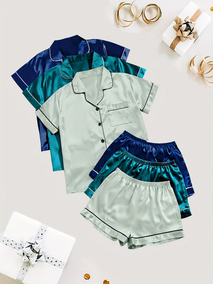 3-Pack Solid Satin Womens Pajama Set - Lightweight & Soft Short Sleeve Lapel Tops with Elastic Shorts - Stylish Sleepwear for Casual Lounging, Comfy Nighttime Elegance