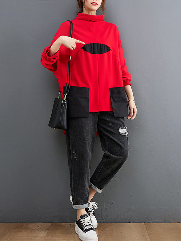 xakxx Casual Loose Split-Joint High-Neck Long Batwing Sleeves T-Shirt