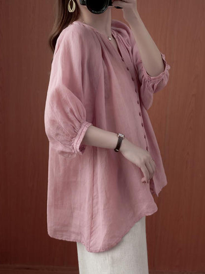 xakxx Simple Casual Solid Buttoned Pleated Blouse