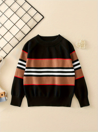 Baby's Casual Color Block Pattern Sweater, Knitted Long Sleeve Top, Toddler & Infant Boy's Clothing For Fall Winter