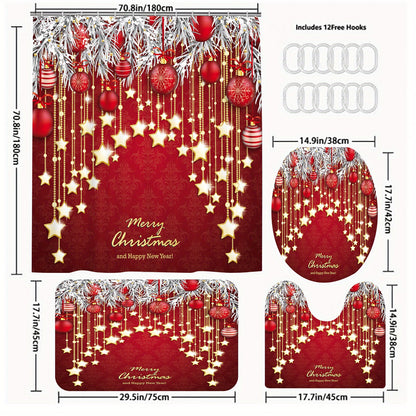 1/3/4pcs Red Background Christmas Style Bathroom Shower Curtain Four-piece Set, Decoration Curtain With 12 Hooks, Toilet Three-piece Set, Non-Slip Bathroom Rug, Toilet U-Shape Mat, Toilet Lid Cover Pad