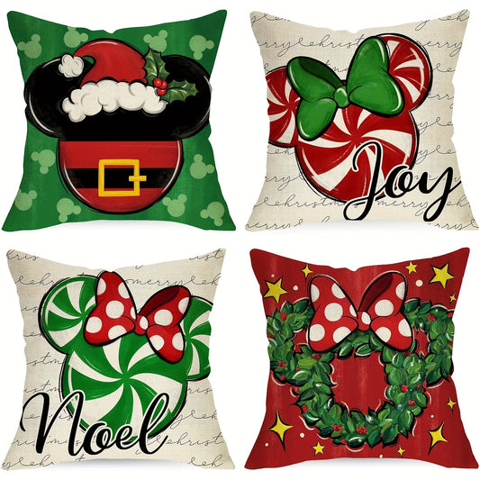 4-Piece Merry Christmas Mouse Decorative Throw Pillow Cases, 18 x 18 inches, Linen Blend, Contemporary Style, Machine Washable, Zipper Closure