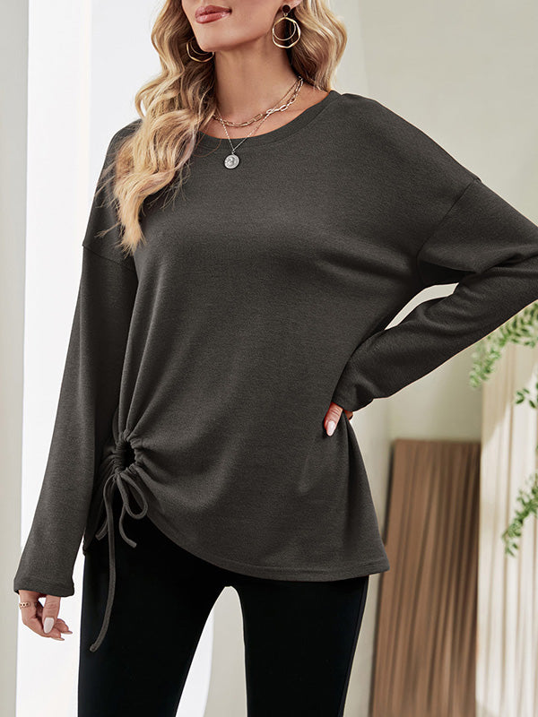 xakxx Long Sleeves Loose Asymmetric Drawstring Hollow Solid Color Round-Neck T-Shirts Tops