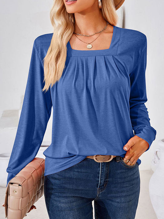 xakxx Long Sleeves Loose Pleated Solid Color Square-Neck T-Shirts Tops