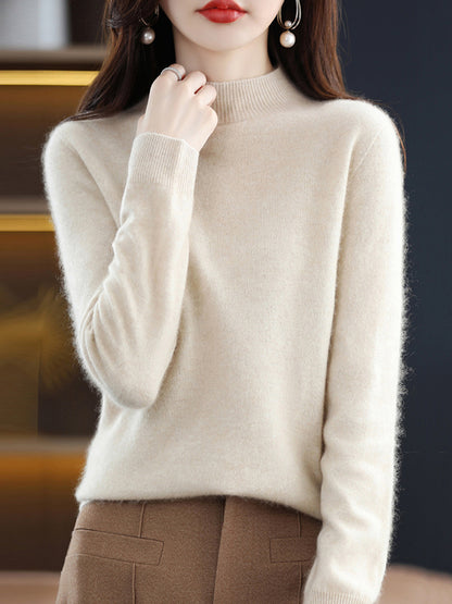 xakxx Office Long Sleeves Solid Color High-Neck Sweater Tops Pullovers