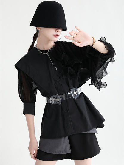 xakxx Stylish Asymmetric Split-Joint Falbala With Belted Half Sleeves Blouses