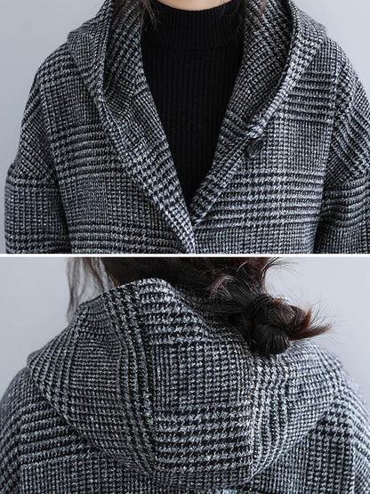 xakxx Loose Plaid Woolen Hood Coat