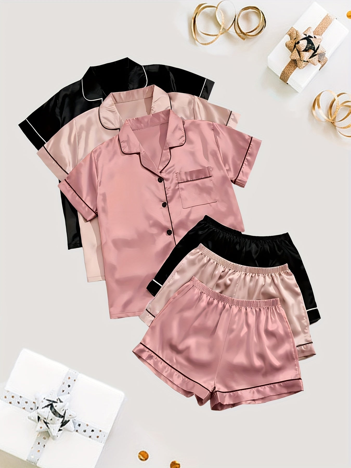 3-Pack Solid Satin Womens Pajama Set - Lightweight & Soft Short Sleeve Lapel Tops with Elastic Shorts - Stylish Sleepwear for Casual Lounging, Comfy Nighttime Elegance