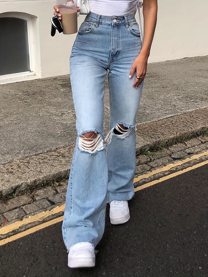 Long Length High Waist Flared Leg Blue Denim Jeans - Washed, Medium Stretch, Zipper Fly, Ripped, Bell Bottom, Slash Pockets, Preppy Style - Customized, Slim Fit, All-Season, Solid Color, No Printing