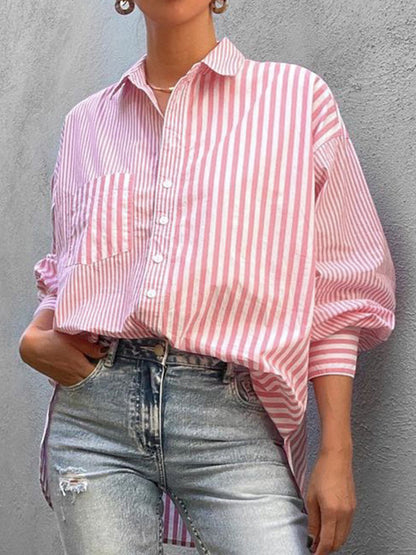 xakxx Urban Loose Striped Lapel Collar Blouses&Shirts Tops