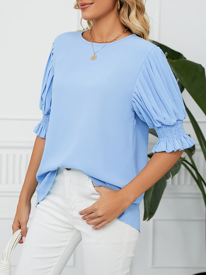 xakxx Loose Puff Sleeves Pleated Solid Color Round-Neck T-Shirts Tops