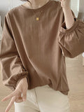 xakxx Long Sleeves Loose Pleated Solid Color Round-Neck T-Shirts Tops