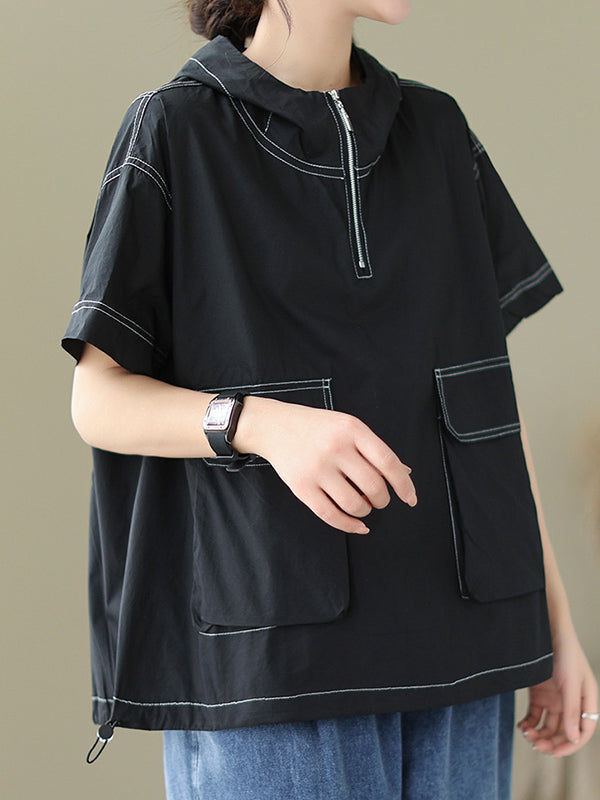 xakxx Loose Short Sleeves Zipper Hooded T-Shirts Tops