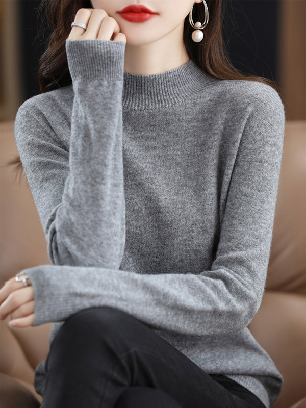 xakxx Office Long Sleeves Solid Color High-Neck Sweater Tops Pullovers