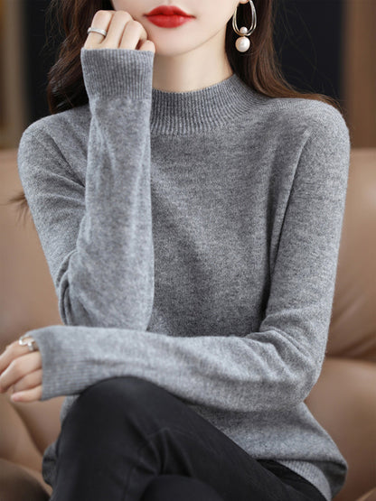 xakxx Office Long Sleeves Solid Color High-Neck Sweater Tops Pullovers