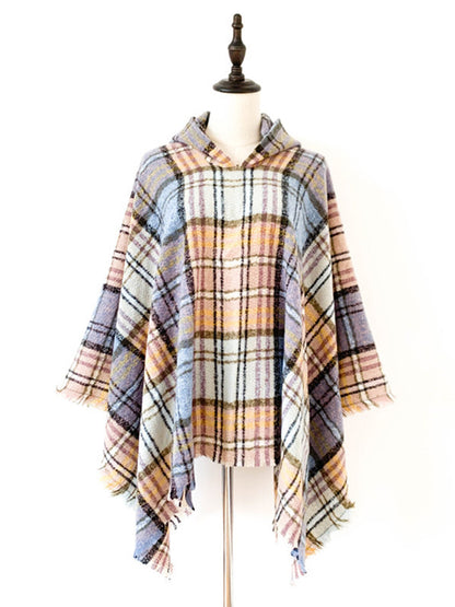 xakxx Fringed Hooded Keep Warm Plaid Cape Shawl&Cloak