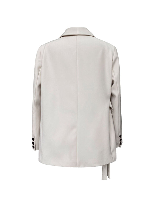 xakxx Long Sleeves Loose Asymmetric Buttoned Pockets Solid Color Tied V-Neck Blazer Outerwear