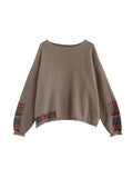 xakxx Long Sleeves Loose Printed Split-Joint Round-Neck Pullovers Sweater Tops