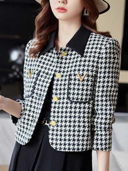 xakxx Long Sleeves Plus Size Buttoned Houndstooth Pockets Split-Joint Lapel Outerwear