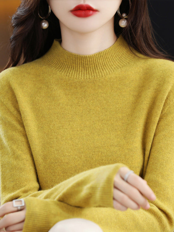 xakxx Office Long Sleeves Solid Color High-Neck Sweater Tops Pullovers