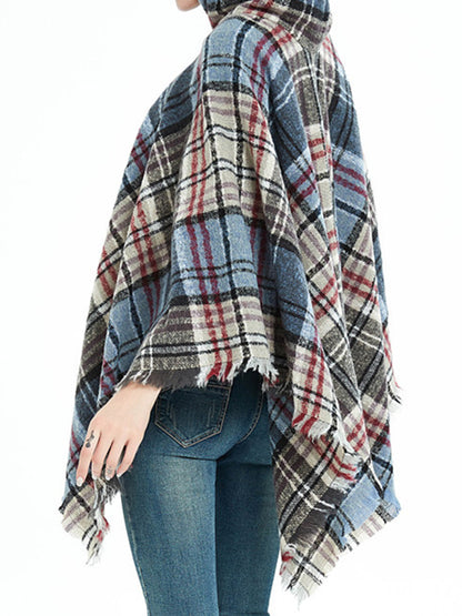 xakxx Fringed Hooded Keep Warm Plaid Cape Shawl&Cloak