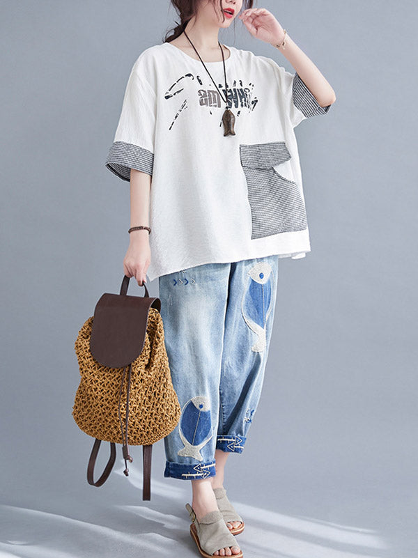 xakxx Original Letter Print Split-Joint Round-Neck T-Shirts Tops