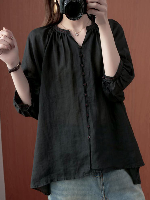 xakxx Simple Casual Solid Buttoned Pleated Blouse