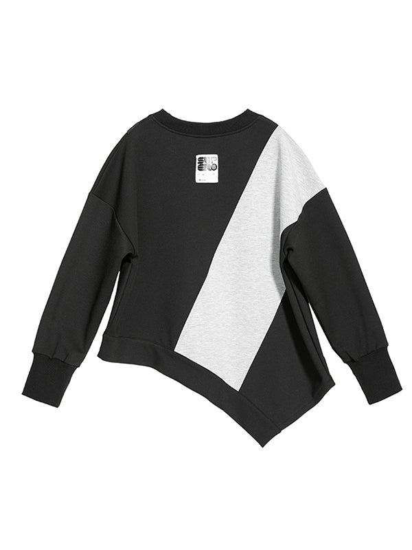 xakxx Stylish Black&Gray Asymmetric Contrast Color Long Sleeves Round-Neck T-Shirt