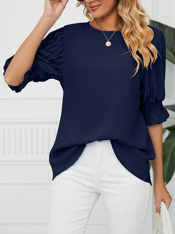 xakxx Loose Puff Sleeves Pleated Solid Color Round-Neck T-Shirts Tops