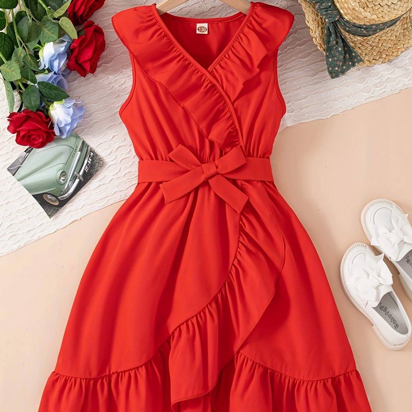 Brief Sleeveless V-Neck Ruffle Trim Dress for Teen Girls - Belted, Fitted, Loose Silhouette, Polyester Fabric, Summer Party Wear - Elegant and Dressy