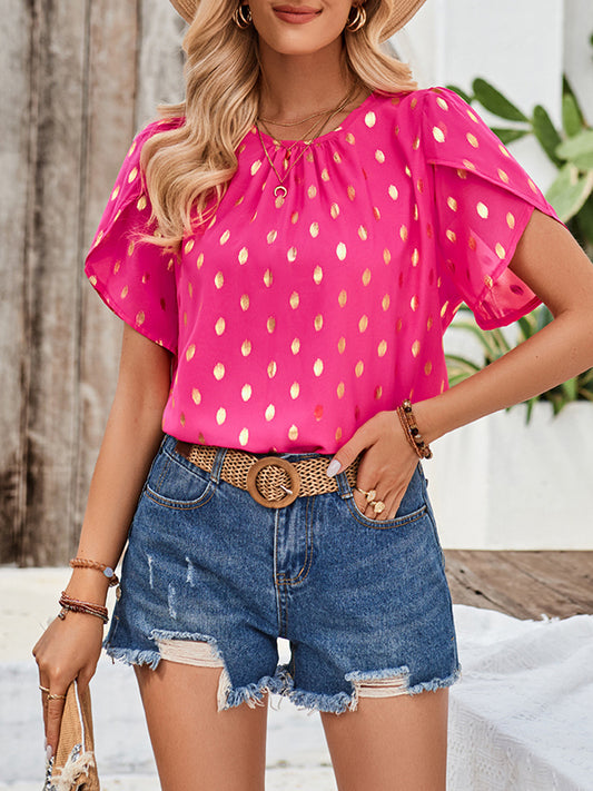 xakxx Loose Short Sleeves Bronzing Hollow Pleated Polka-Dot Round-Neck T-Shirts Tops