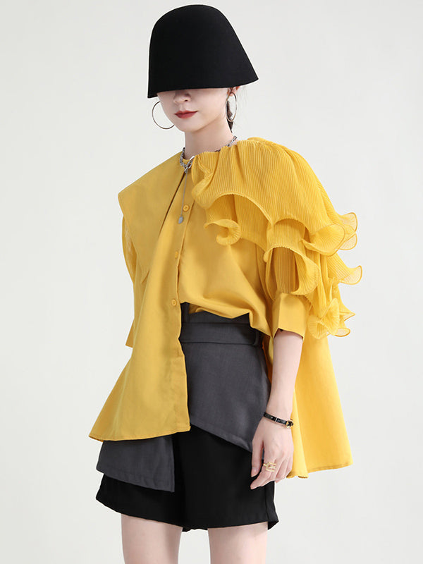 xakxx Stylish Asymmetric Split-Joint Falbala With Belted Half Sleeves Blouses