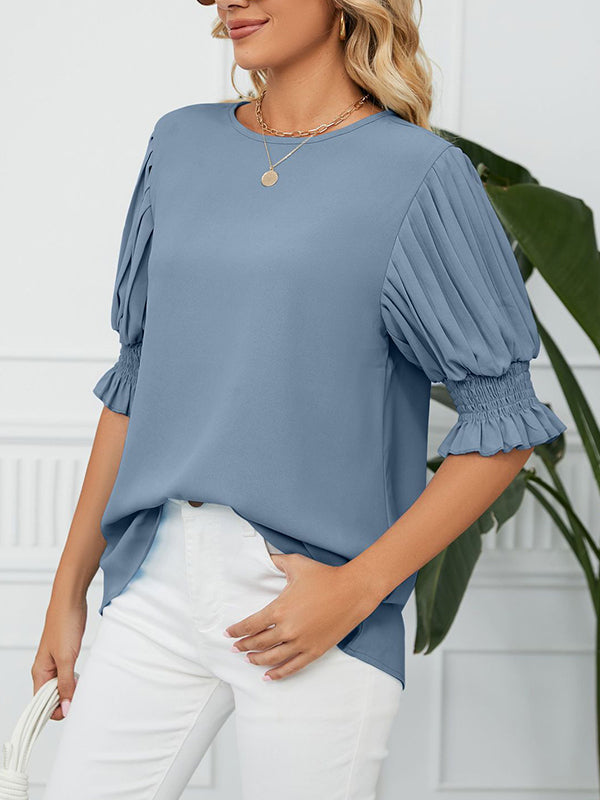 xakxx Loose Puff Sleeves Pleated Solid Color Round-Neck T-Shirts Tops