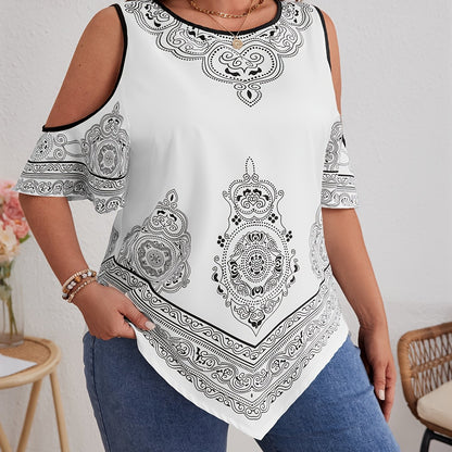 Plus Size Tribal Print Cold Shoulder Crew Neck Blouse - Elegant Hanky Hem, Non-Stretch Polyester, Woven, Positioning Printing, Summer Essential for Middle Eastern Inspired Fashion - Womens Plus Size Clothing for Spring and Summer